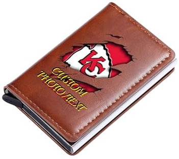 hadefa Custodia per carte personalizzata, portafoglio in pelle con immagine personalizzata/testo, porta carte inciso con blocco RFID e fermasoldi, regalo per papà, marito, fidanzato, Marrone, Standard