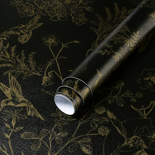 Yomshi Self Adhesive Wallpaper Black and Gold Floral Leaf Peel and Stick Wallpaper Bird 44CM×10M Botanical Contact Paper Removable Stick on Wallpaper Living Room Bedroom Decorative Film