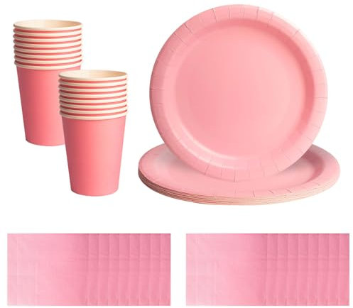 52pcs Pink Disposable Tableware Set - 20 Paper Napkins 16 Cups 16pcs 7inch Paper Plates | Biodegradable Solid Color Pink Dinnerware for Birthdays, Weddings, Kids Adult Christmas Party