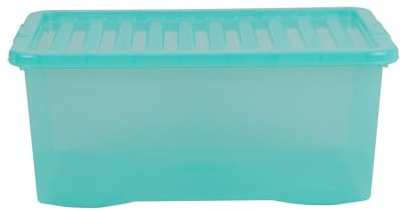 Wham Crystal Plastic Storage Boxes With Lids Home Office Stackable Nestable Container Box, 45L Easy fit Underbed Protective Storage Box, 60 x 40 x 25 cm - Tint Spearmint (Set of 4)