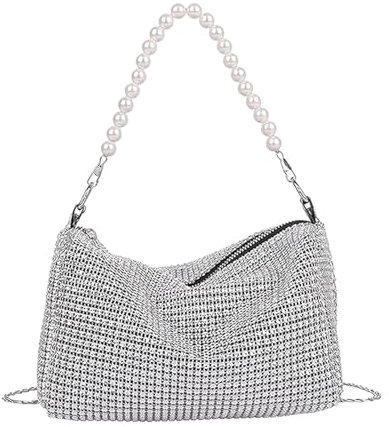 Damen-Clutches,Glitzer Tasche,Clutch Silber,Glitzer Abendtasche,Clutch mit Abnehmbarer Kette,Elegante Tasche Damen,Kristall Clutches Schultertaschen für Hochzeit Party Abend Bankett Freizeit Date
