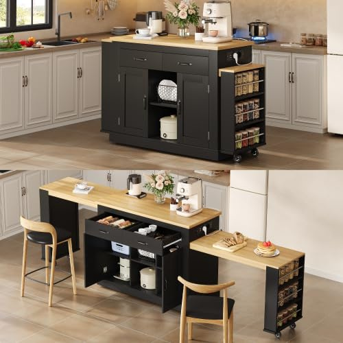 kozamas Kücheninsel mit Zwei ausziehbaren Arbeitsflächen, Mobile Kücheninsel bis 340 cm, Küchenwagen mit Steckdosen & USB, Schubladen & Regale, 142(340) x55x93 cm, Schwarz