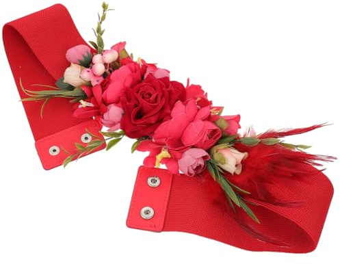 DRESSOOS CinturóN Flores Rojo Mujer EláStico FajíN Decorativo Para Bodas Fiesta Accesorio Cintura Nupcial 28.93X3.14In