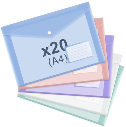 ASTARON Dokumententasche A4 zum Abheften, 10 Stück Transparente Plastikmappe a4, A4-Aktenordner mit Etikettentasche, für Schule, Zuhause, Arbeit, Büro, 5 Farben