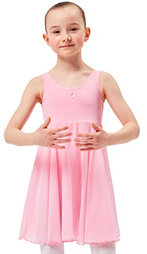 tanzmuster Ballettkleid Helena mit breiten Trägern und langem Chiffon Röckchen. Besonderer Ballettanzug mit Glitzerstein in rosa und hellblau.
