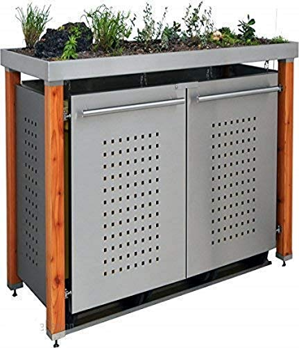 Edelstahl Mülltonnenbox für 2 Tonnen 120L mit Pflanzenwanne und Holzpfosten (HW11F), Mülltonnenverkleidung Mülltonnenhaus