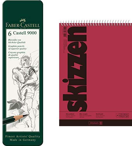 Faber-Castell 119063 Bleistift Castell 9000, 6-er Etui & Brunnen 1047550 Zeichen-/Skizzenblock (17x24cm, 110 g/m², 50 Blatt, mit Spirale)