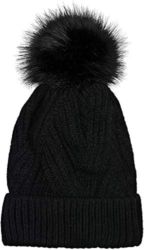 styleBREAKER Damen Strick Bommelmütze mit Rippenstrick Muster und Fleece Futter, Winter Fellbommel Mütze 04024167, Farbe:Schwarz