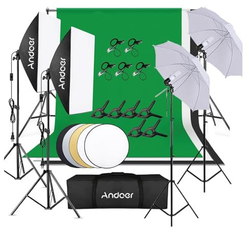 Andoer Studio Fotografico Kit di Illuminazione, kit incluso sfondo 1,8 m * 2,7 m, Sistema di Supporto per Sfondo, Fotografia Riflettore, luce soffusa Ombrello, Softbox, 45W 5500K Lampadina