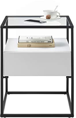 Robas Lund Beistelltisch Couchtisch Glastisch Weiß mit Schublade, BxHxT 43x54x43 cm
