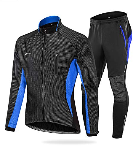 NUCKILY Herren Fahrradbekleidung Set Winddicht Thermo Fleece Winterjacke MTB Bekleidung Rennrad Fahrrad Trikot Langarm und Fahrradhose mit 3D Sitzpolster (ME020 Blau, S)