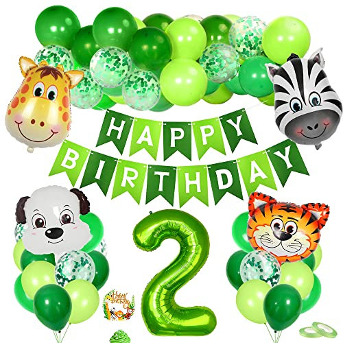 2. Geburtstag Tiere Thema Set, Deko Junge 2 Jahre, Luftballon Junge, Folienballon Grün, Kindergeburtstag Tiere Deko für Safari Party Dekoration