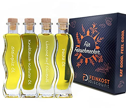 Geschenkset BOX & Probierset | 4 x 100ml Öl | Mann und Frau | Steinpilz Öl - Olivenöl Limone - Knoblauch-Kräuter Öl - Pasta Öl | Feinkost Set …