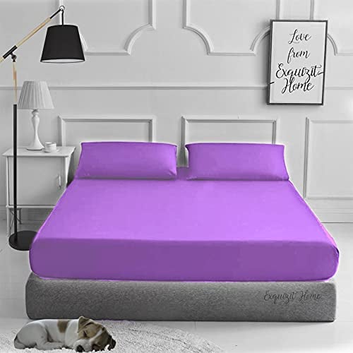 EXQUIZIT HOME® Fitted Bed Sheet with Pillowcases Pack of 2 – Plain Dyed Poly Cotton Percale Easy Care 180TC Bed Sheet, Soft & Durable 50% Cotton 50% Polyester (Lilac–King)