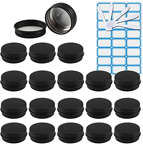 ZEOABSY 20 Stück 15ml Matt Schwarz Aluminium Leer Döschen Runde Alu Dosen mit Schraubdeckel Cremedose Schraubdose Aludose Tins für Kosmetik Kerze Salben 5X Spatel, 1x Etikette