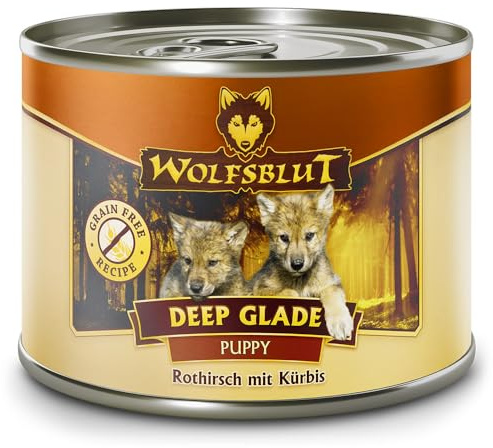 WOLFSBLUT – Deep Glade Puppy | Nassfutter mit natürlichen Zutaten und wertvollen Superfoods für heranwachsende Hunde. Getreidefreies Alleinfutter ohne Zusatzstoffe in der Dose | 12x200g Hirsch