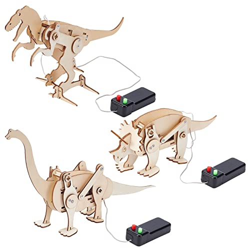 INFUNLY 3PCS 3D Wooden Puzzle Dinosaur Wooden Model Kits Electric Motor Wood Walking Trex Model Kit for Adults Wooden Craft Kits Educational Robot Craft Kit