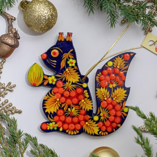 Christbaumschmuck-Tiere aus Holz 9.5 х 9 х 0.5 cm, Eichhörnchen von Hand bemalt mit Feinem Ukrainischen Blumenmuster. Exklusiver Weihnachtsschmuck und Schönes Geschenk