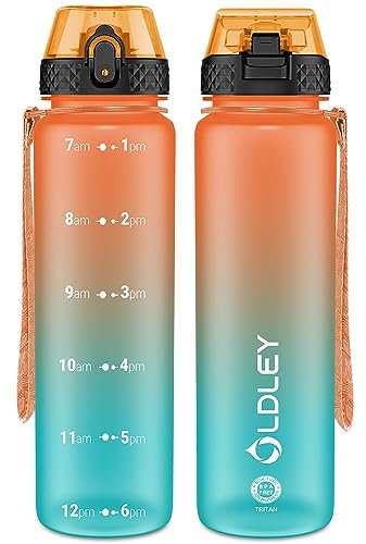 OLDLEY 1L/32oz Sports Water Bottle with Straw, 1000ml Motivational Drinks Bottle with Time Markings Leak Proof Drink & Lock Cover, BPA Free for Gym School Cycling Running Hiking