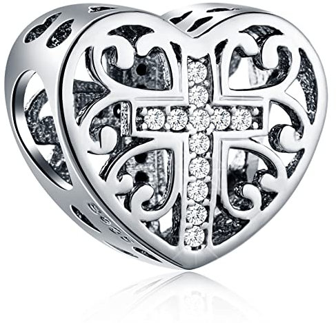 Religiöse Kreuz im Herzen Charms, passt Pandora Weihnachtsarmband, 925 Sterling Silber Symbol des Glaubens Chritsian Gebet Perlen, für Oma/Frau Hochzeit/Patin/Valentinstag/Geschenk