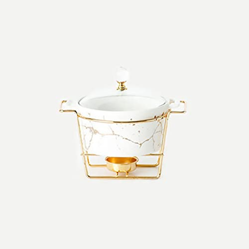 Ensemble de Buffet en Céramique Chafing Dish, Mini Chauffe-Plats Ronds avec Finition Marbre, Porte-Combustible et Couvercle en Verre pour Mariages Fêtes Banquets Événements de Restauration,Blanc