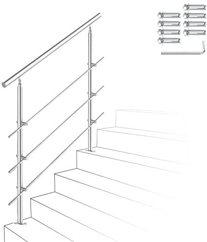 Ikodm Corrimano in acciaio inox, ringhiera per scale, 100 cm, con 3 barre trasversali e accessori, per scale, interni, balcone, ingresso di casa