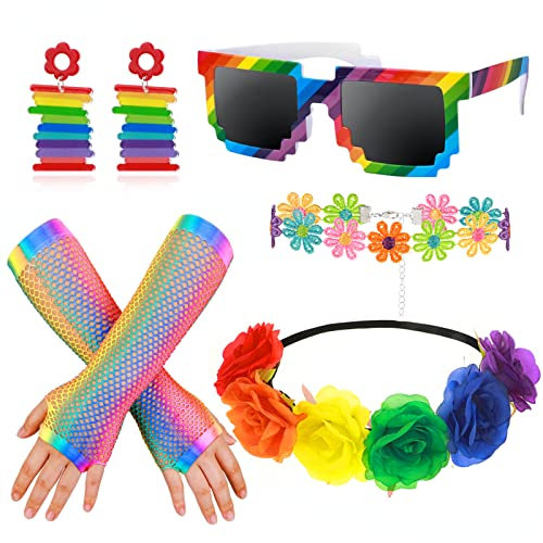 HOWAF Regenbogen Accessoires, Regenbogen Haarreif Haarband Blumen Regenbogen Blumenkranz Haare Fingerlose Handschuhe Regenbogen Brille Ohrringe Blumen Kette Pride Kostüm für LGBT Gay Pride Accessoires