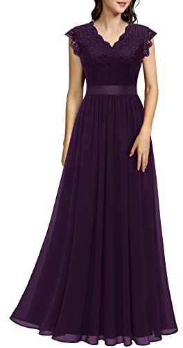 Dressystar Damen Abendkleid Elegant für Hochzeit Spitze V-Ausschnitt Party Ballkleider Festlich Chiffonkleider Grape XL