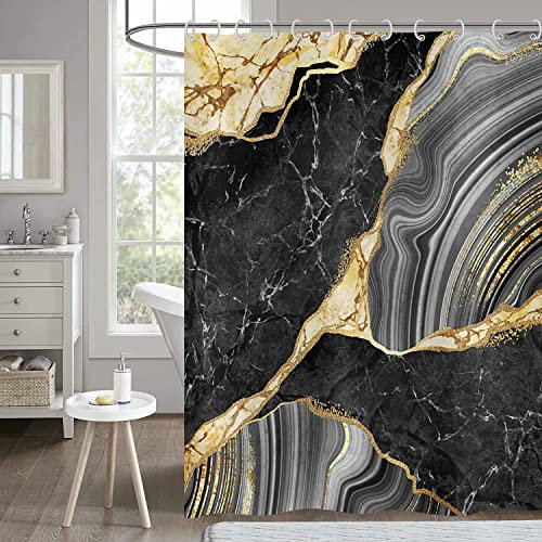 Hnmdmyi Cortina de Ducha de mármol 90x180, Negro y Oro Brillo Cortinas de Ducha Abstracto grieta Tinta Textura Arte Moderno de Lujo Cortina de baño Impermeable poliéster Tela Lavable Cortina de baño