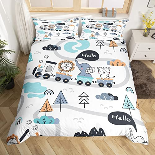Manfei Cartoon Zug Kinder Bettbezug Set M Größe,Netter Tiger Löwe Elefant Kleinkind Bettwäsche Set,Jungen Erwachsene,Kiefern Urban Road Tröster Abdeckung,Aquarell Quilt Cover,1 Kissenbezug