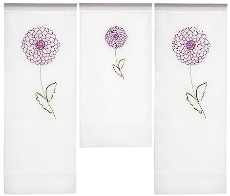 Experience by Omega Scheibengardine modern 3er Set Mini Flächenvorhang Stickerei Blume Pink Weiß Voile 4043 80x90 cm