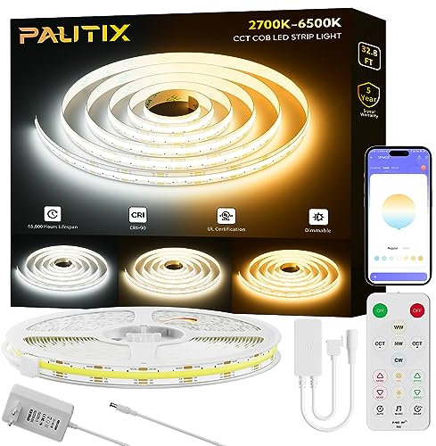PAUTIX COB LED Strisce bianche sintonizzabili CCT, 10M dimmerabile 2700K-6500K Kit luci a nastro LED 24V con alimentatore, super luminoso per cucina camera da letto Illuminazione fai-da-te
