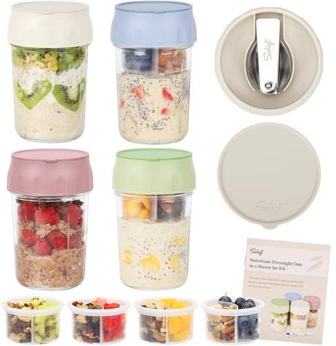 SOLIGT Lot de 4 récipients à avoine de nuit avec couvercles et compartiments divisés pour fruits et noix, cuillères pliantes, 473,6 g de verre