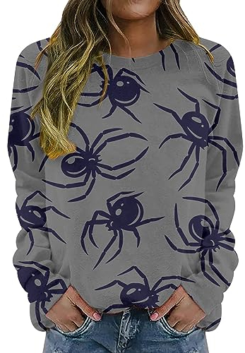 WLHBF Halloween Pullover Damen Langram Sweatshirts für Damen, lässig, Rundhalsausschnitt, langärmelig, Pullover, Halloween-Druck, Blusen Hoodie Teenager (Grey, XL)