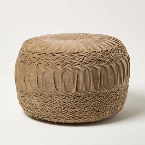 Homescapes Sofia Flecht-Hocker plissiert Sandfarben 50x35 cm, Samt-Pouf beige, Sitzpouf rund mit Sitzsack-Füllung