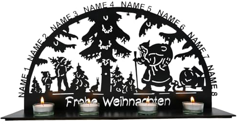 Teelichthalter Kerzenständer 4 Stück Weihnachten Kerzenhalter Tischdeko Deko Weihnachtsdekoration Frohe Weihnachten personalisierte Weihnachtsmann Lichterbogen Schild mit bis zu 8 Namen - Lasergravur