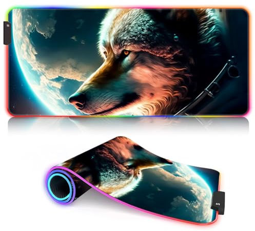 Tapis Souris Jeu RGB XXL Grand Tapis Souris Jeu LED 14 Modes d'éclairage 7 Couleurs Base en Caoutchouc antidérapant Tapis Souris pour Clavier étendu pour Ordinateur Gamer Wolf 40 x 90 cm