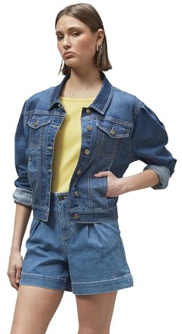 Enorsia Puff Sleeve Denim Mid-Wash Jacket With Long Sleeves, Two Chest Pockets, Faded Look And Branded Button Fastening Women's Denim Jackets (10, Blue)