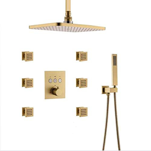 Duschsystem, thermostatisches Decken-Duscharmatursystem, rechteckig, 30,5 x 20,3 cm, rechteckiger Duschkopf mit 6 Körperdüsen, Mischer-Set, Duschset in gebürstetem Gold, gebürstetes Gold