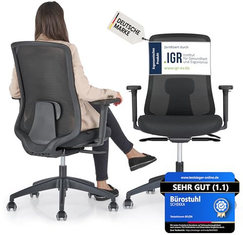 SCHEKKA® Bürostuhl Ergonomisch Testsieger - Besonders individuell Einstellbarer Schreibtischstuhl mit Lordosenstütze, 3D Armlehnen & atmungsaktives Mesh - Bürostuhl 150 kg Schwarz