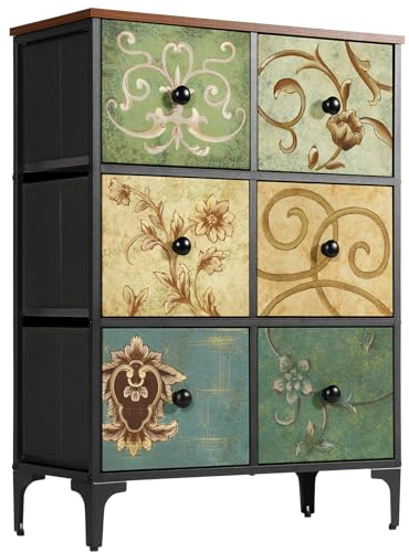 LYNCOHOME Commode, Commode Chambre, Meuble de Rangement, Armoire avec 6 tiroirs en Tissu, Meuble Chambre, Commode 6 tiroirs, Armoire à tiroirs pour Cuisine, Bureau, couloir,Style campagnard