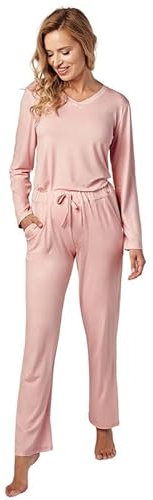 Mademoiselle Sommeil Damen Schlafanzug | 2-Teiliges Pyjama Set in modernem Altrosa | Langarm Oberteil mit V-Ausschnitt & Lange Hose | Luxuriöse Viskosemischung
