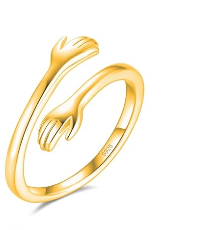 Umarmungsring in 925 Sterling Silber und Gold Verstellbar als Geschenk für Sie, Freundin, Freund, Muttertag und zur Verlobung Umarmung Ring mit Umarmende Hände (Gold, 62)