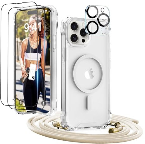 GUtttGU Handykette für iPhone 15 Pro Max Hülle mit Band mit 2 Displaychutzfolie Panzerglas + 2 Kamera Schutzfolie Handyhülle Kompatibel mit Magsafe Schutzhülle Case für iPhone 15 Pro Max Transparent