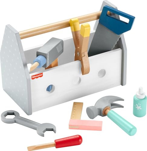 Fisher-Price Holz-Werkzeugkasten, Rollenspiel-Spielset mit Spielzeugbohrer, 9 Spielteile aus Holz für Kindergartenkinder ab 3 Jahren, HYG50
