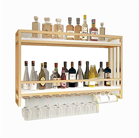 sjdoPulse Porte-bouteille industriel mural, porte-bouteille en verre pour verres à vin pour bouteilles de vin, porte-bouteille en métal rustique à suspendre pour bouteilles de vin, or/noir