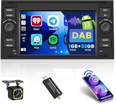 DAB/DAB+ Autoradio Android für Ford Transit Focus Fusion Fiesta Mondeo Kuga Galaxy C-Max S-Max Connect, Kabelloses Carplay Android Auto, Touchscreen Auto Radio mit GPS WiFi Rückfahrkamera