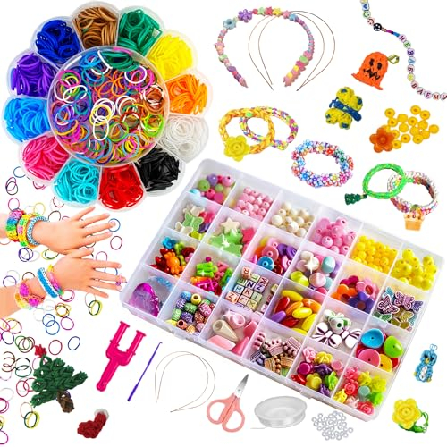 Qcdou 1300+Loom Bänder Set, Bastelperlen zum Auffädeln, Elastisches Bunte Gummibänder Kit Armbänder Selber Machen, 2 Boxen Kinder Erwachsene DIY Armband mit Perlen Haken Charms Aufbewahrungsbox