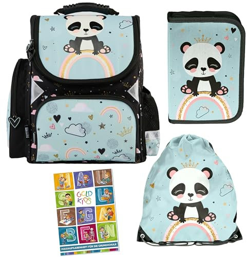 Goldkids - Schulranzen für Jungen und Mädchen, 4er-Set - Schul-Rucksack für Kinder mit Federmäppchen - Schuhbeutel und Hausaufgabenheft - Panda Motiv - 1-3 Klasse