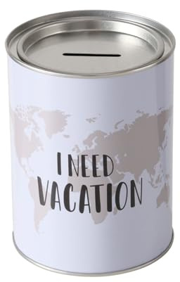 ReWu Spardose Sparschwein mit Schriftzug I Need Vacation - Deckel Abnehmbar - Wiederverwendbar Metall Sparbüchse Geldgeschenk Geschenkidee Geldspardose Metallspardose 10 x 13,4 cm Weiß